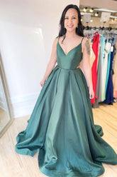 V Neck Prom Dress Satin Green Long Evening Dress