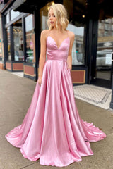 V Neck Prom Dress Satin Long Pink Evening Dress