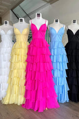 V Neck Prom Dress Straps Ruffle Chiffon Evening Dress with Split