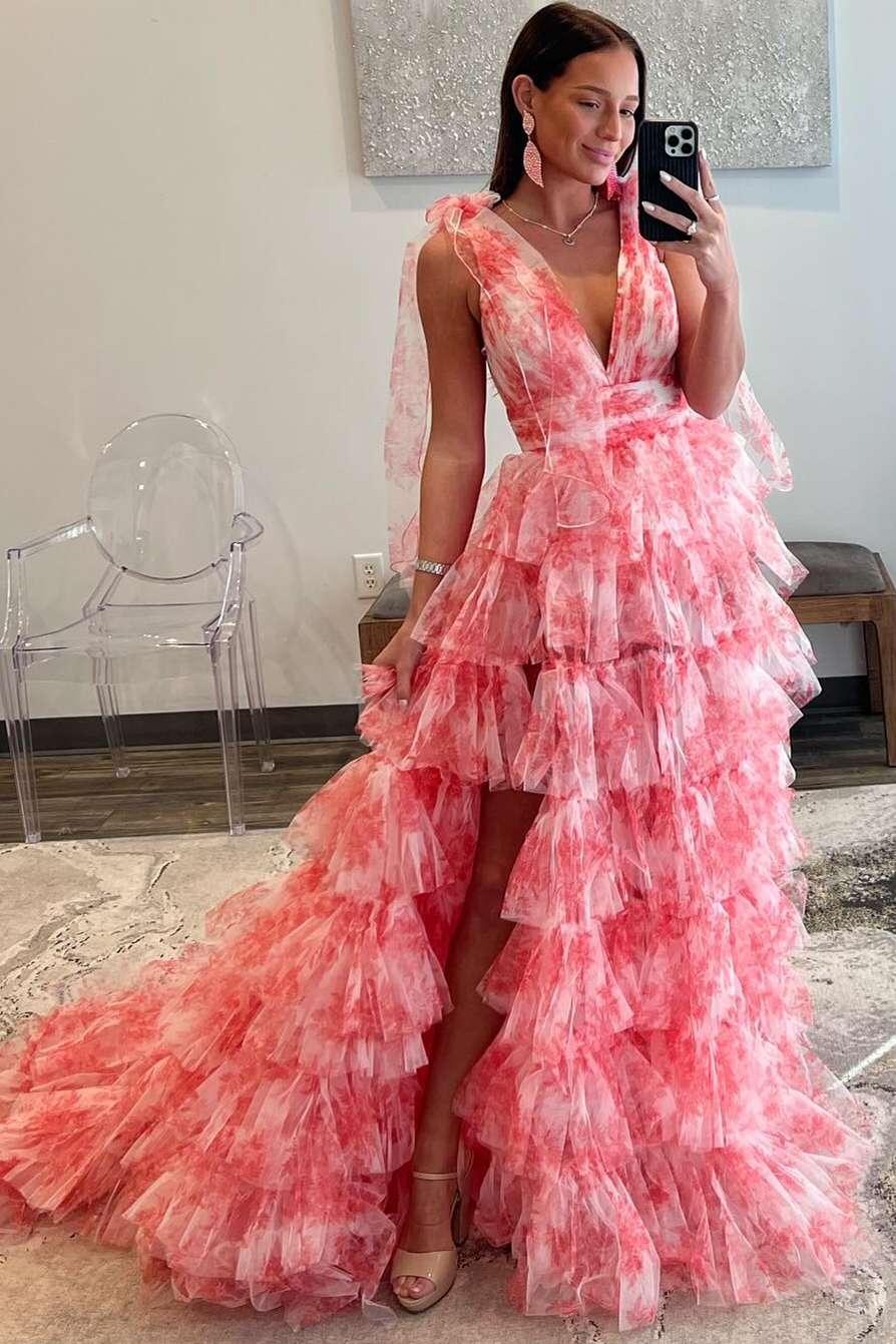 V Neck Prom Dress Tie Straps Red Prom Dress Floral Print Layered Long Evening Dress
