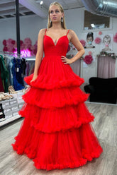 V Neck Prom Dress Tulle A Line Evening Dress with Layered Ruffles
