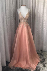 V Neck Prom Dress Tulle Beaded Long Evening Gown Evening Dress