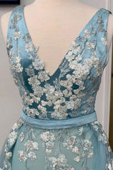 V Neck Prom Dress Tulle Lace Long Evening Dress