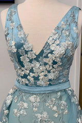 V Neck Prom Dress Tulle Lace Long Evening Dress