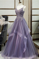 V Neck Prom Dress Tulle Lace Long Formal Dress Evening Dress