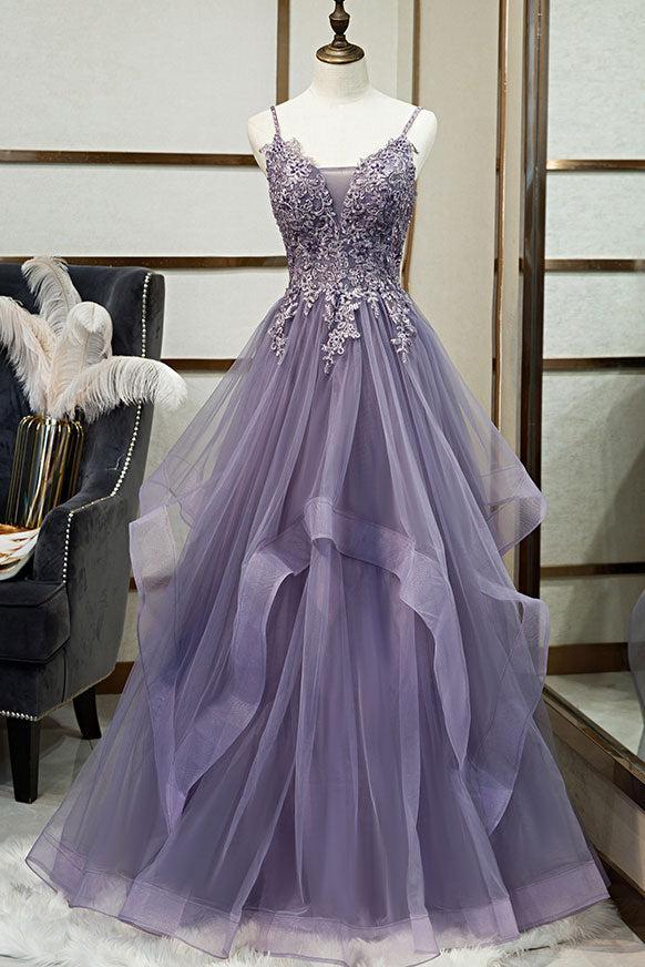V Neck Prom Dress Tulle Lace Long Formal Dress Evening Dress