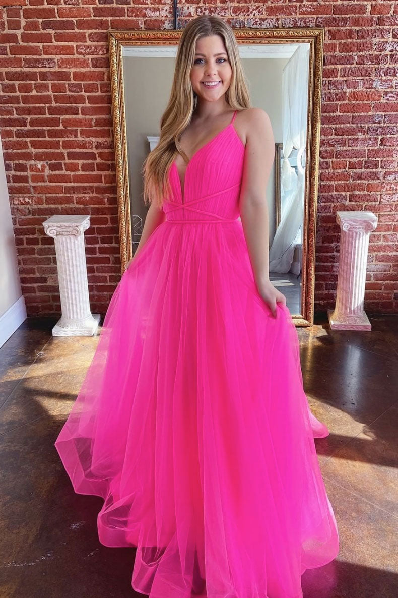 V Neck Prom Dress Tulle Long Formal Dress Evening Dress