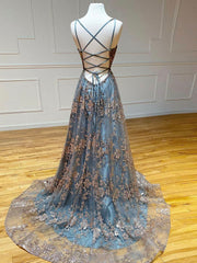 V Neck Prom Dress Tulle Sequin Long Formal Evening Dress