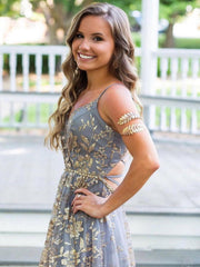 V Neck Prom Dress Tulle Sequin Long Formal Evening Dress