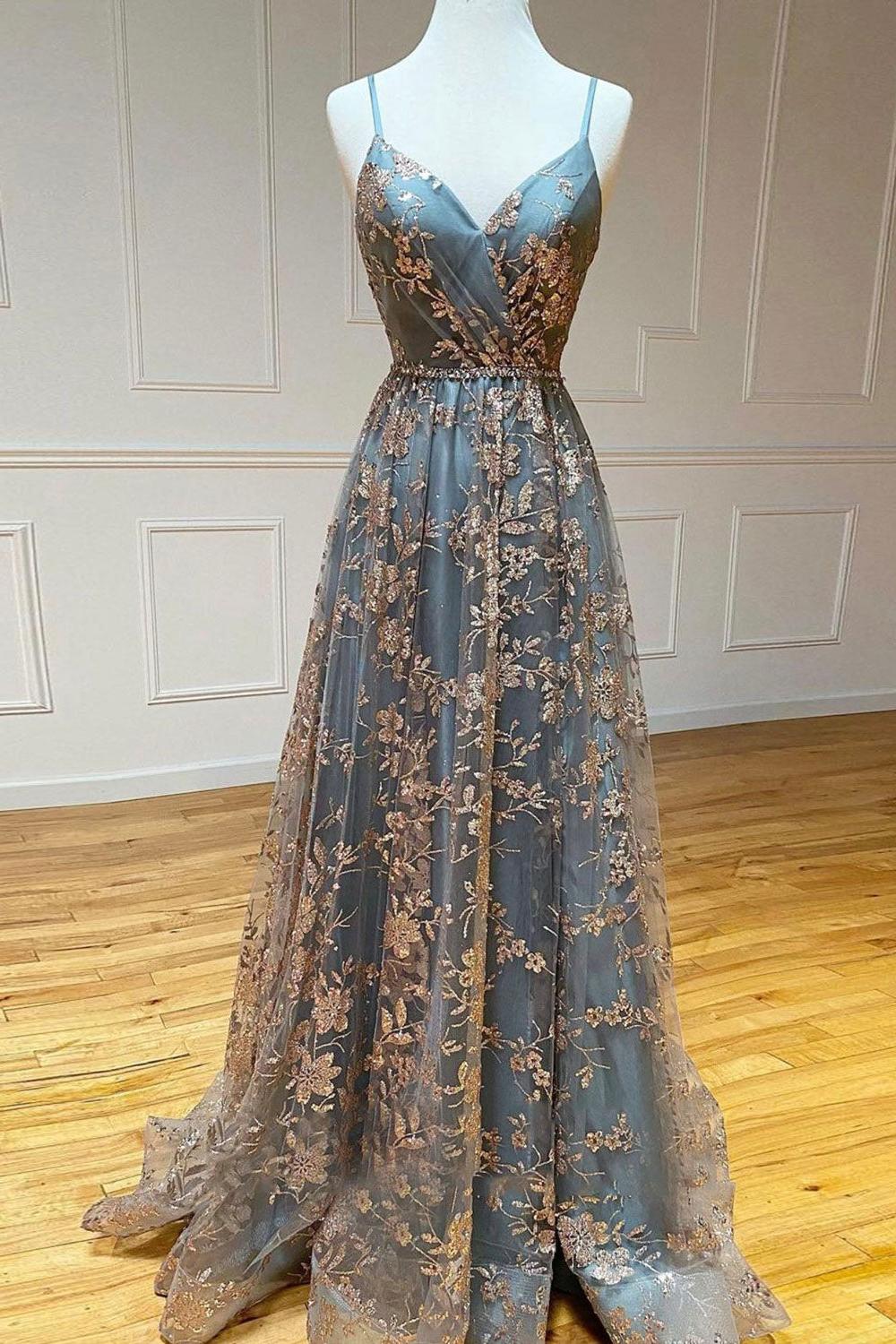 V Neck Prom Dress Tulle Sequin Long Formal Evening Dress