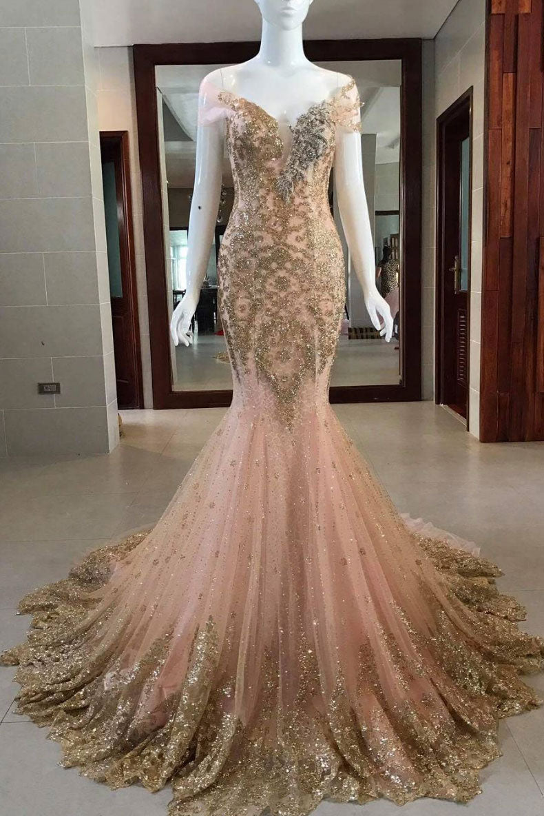 V Neck Prom Dress Tulle Sequin Mermaid Long Evening Dress