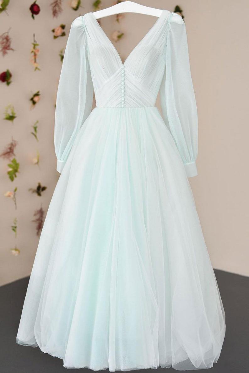 V Neck Prom Dress Tulle Tea Length Formal Dress Evening Dress