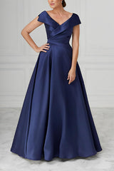 V-Neck Satin A-Line Mother of the Bride Dresses with Ruched Princess Details
