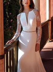 V Neck Satin Lace Court Train Wedding Dress With Lace