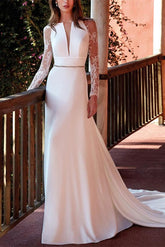 V Neck Satin Lace Court Train Wedding Dress With Lace
