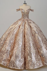 V-Neck Sequin Off The Shoulder Quinceanera Dress Ball Gown Sweep Train Princess Party Prom Dress