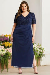 V-Neck Short-Sleeve Ankle-Length Plus Size Sheath/Column Mother of the Bride Dress with Sequins & Ruches