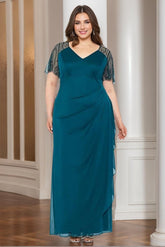 V-Neck Short-Sleeve Beaded Lace Ankle-Length Plus-Size Mother of the Bride Sheath Dress