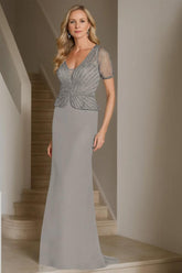 V-Neck Short Sleeve Floor-Length Sheath Dress for the Mother of the Bride