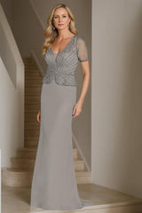 V-Neck Short Sleeve Floor-Length Sheath Dress for the Mother of the Bride