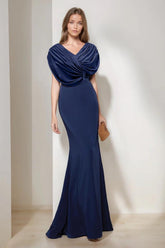 V-Neck Short Sleeve Floor-Length Trumpet/Mermaid Mother of the Bride Dress with Ruffles and Sequins