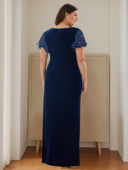 V-Neck Short Sleeve Floor-Length Velvet Sheath Dress with Ruffles and Appliques for the Mother of the Bride