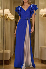 V-Neck Short Sleeve Pleated Sheath Dress for Mothers of the Bride & Groom with Crystal Accents and Ruffles