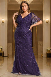V-Neck Short-Sleeve Plus Size Floor-Length Sheath Dress with Sequins for the Mother of the Bride