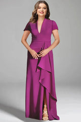 V-Neck Short Sleeve Plus Size Mother of the Bride Floor-Length Sheath Dress with Side Split