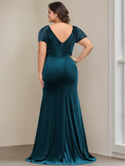 V-Neck Short-Sleeved Velvet Mother of the Bride Gown with Ruffles and Appliques in Trumpet/Mermaid Style