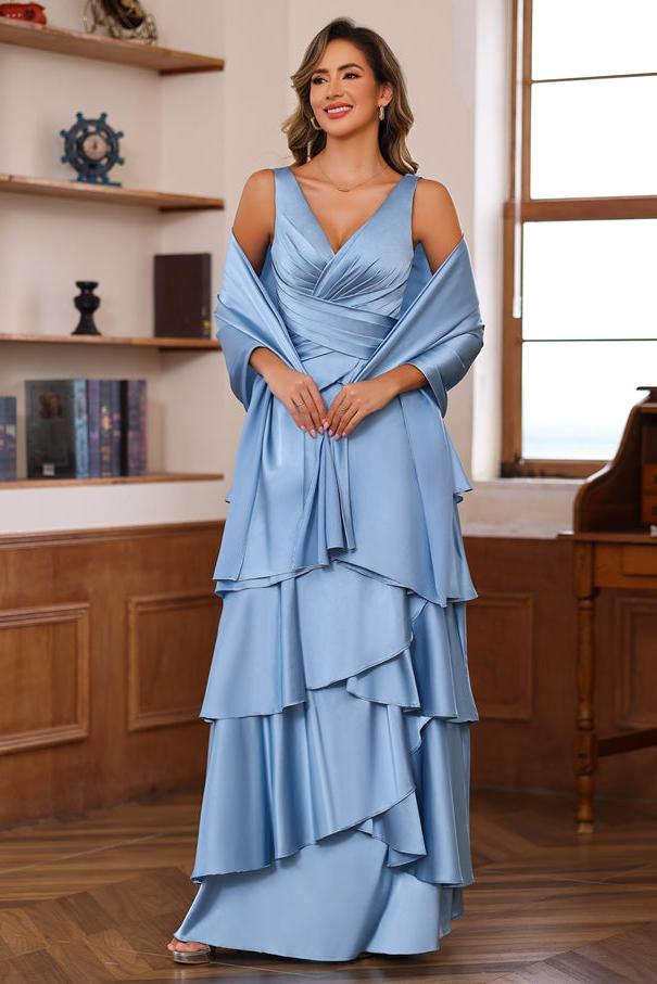 V-Neck Sleeveless A-Line Princess Floor-Length Mother of the Bride Dress With Ruffles & Wrap