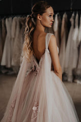 V Neck Tulle Ivory Wedding Dress A Line Bridal Gown with Watteau Train