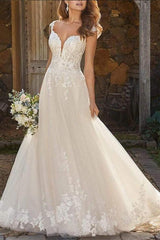 V Neck Tulle Lace A Line Wedding Dress With Appliques Lace