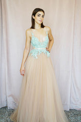 V Neck Tulle Lace Long Champagne Prom Dress Formal Evening Dress