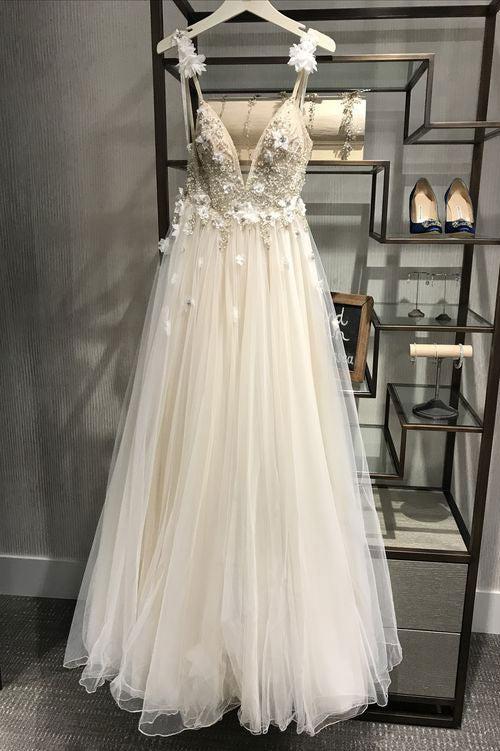 V Neck Tulle Light Ivory Prom Dress Long Formal Evening Dress