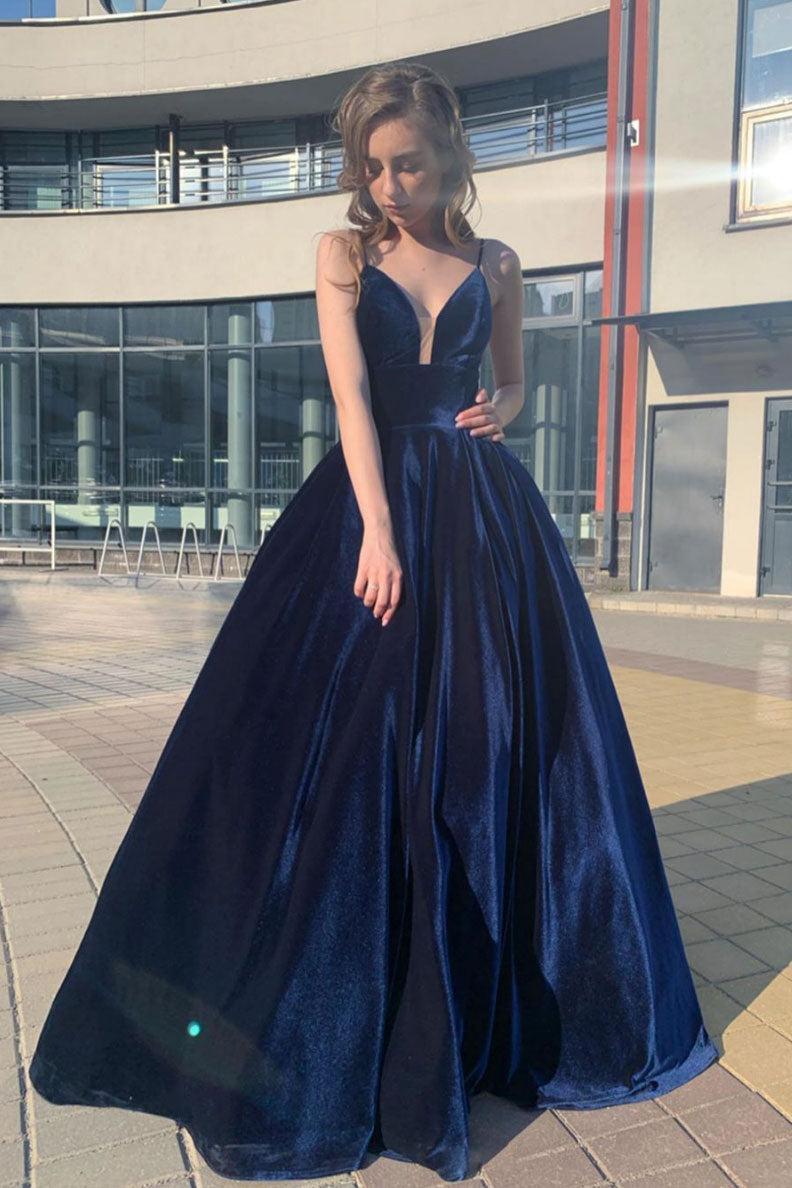 V Neck Velvet Formal Dress Blue Long Evening Dress