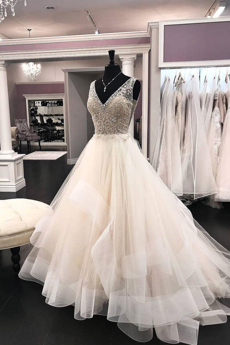 V Neck Wedding Dress Beaded Tulle Long Tulle Bridal Gown