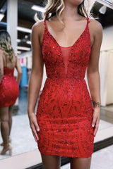 V neck Homecoming Dress Lace Appliques Bodycon Fitting Graduation Short Party Cocktail Dress