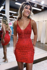 V neck Homecoming Dress Lace Appliques Bodycon Fitting Graduation Short Party Cocktail Dress