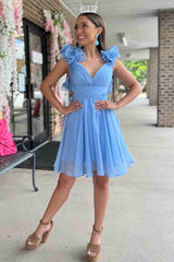 V neck Homecoming Dress Sky Blue Pleated A Line Short Party Cocktail Dress