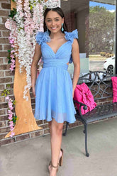 V neck Homecoming Dress Sky Blue Pleated A Line Short Party Cocktail Dress