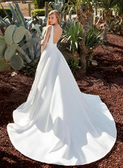 V neck Satin Wedding Dress With Open Back