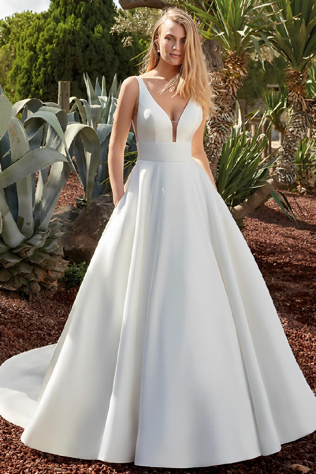 V neck Satin Wedding Dress With Open Back