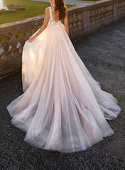 V neck Sleeveless Lace/Tulle Wedding Dress With Appliques Lace