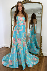 Vintage Inspired Floral Prom Dress With Strapless Bodice And Flowy Skirt Formal Evening Gown