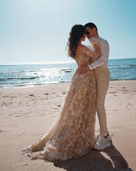 Vintage Long Sleeves Lace Wedding Dress Mermaid Tulle Bridal Gown