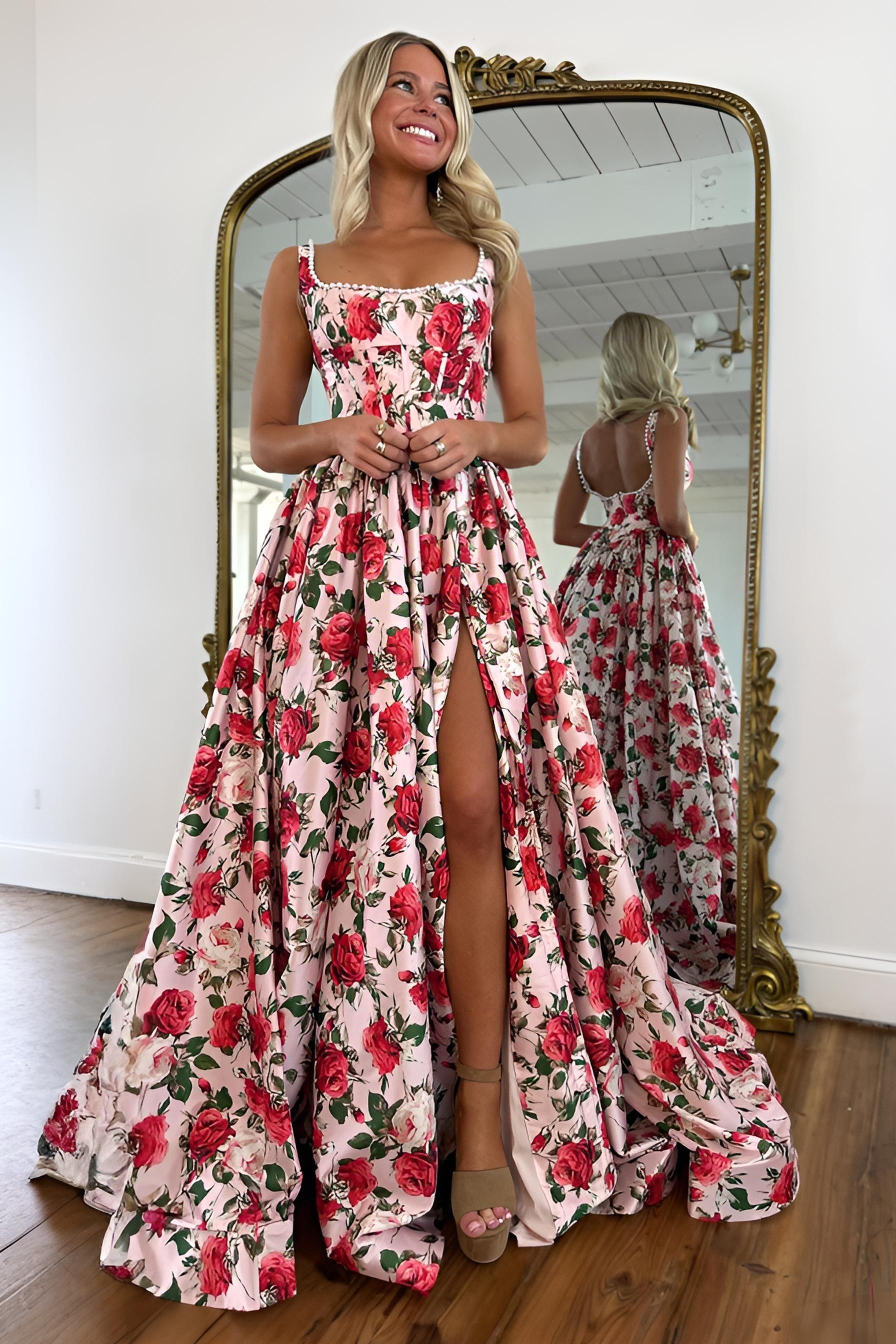 Vintage Pink Floral Square Neck Long Corset Prom Dress With Slit And Pearls Formal Evening Gown
