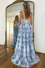 Vintage Style Blue Floral Tiered Tulle Prom Dress With Corset Bodice Formal Evening Gown