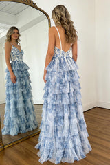 Vintage Style Blue Floral Tiered Tulle Prom Dress With Corset Bodice Formal Evening Gown