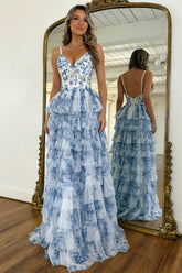 Vintage Style Blue Floral Tiered Tulle Prom Dress With Corset Bodice Formal Evening Gown